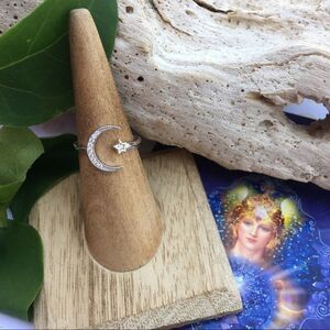 Crescent Moon And Star Sterling Silver CZ Ring Sizes 6,9,10